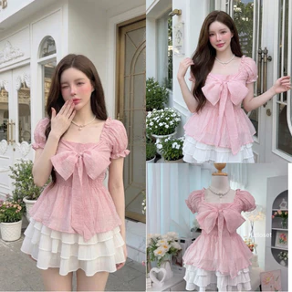 (อก30-42) เสื้อแขนตุ๊กตาพร้อมมัดโบว์ใหญ่สุดหวาน เสื้อผ้าผู้หญิง สาวอวบใส่ได้อกถึง 44Sweet Bow Puff Blouse