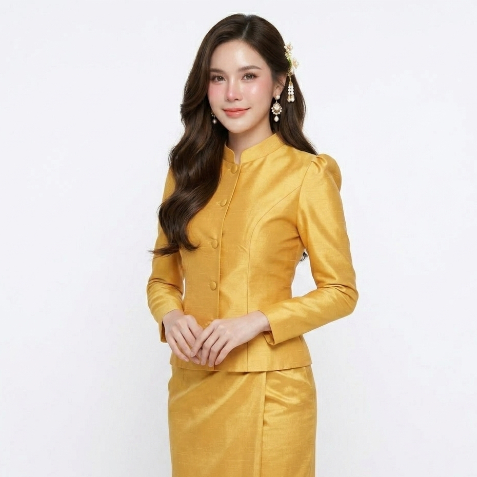 เสื้อจิตลดาไหมสี่เส้น สีเหลืองทอง คอจีนแขนยาว เสื้อชุดไทยสุภาพ เสื้อไซส์ใหญ่ อก34-48นิ้ว [M16]
