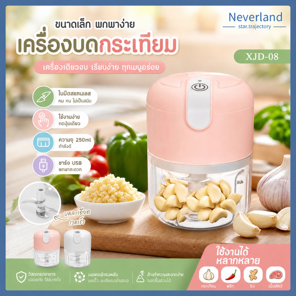 คุณภาพสูง👍เครื่องปั่นกระเทียม มินิไร้สาย USB เครื่องบดละเอียดกระเทียมปั่นละเอียด ประหยัดไฟที่บดกระเทียมไฟฟ้าที่ปั่นพริก