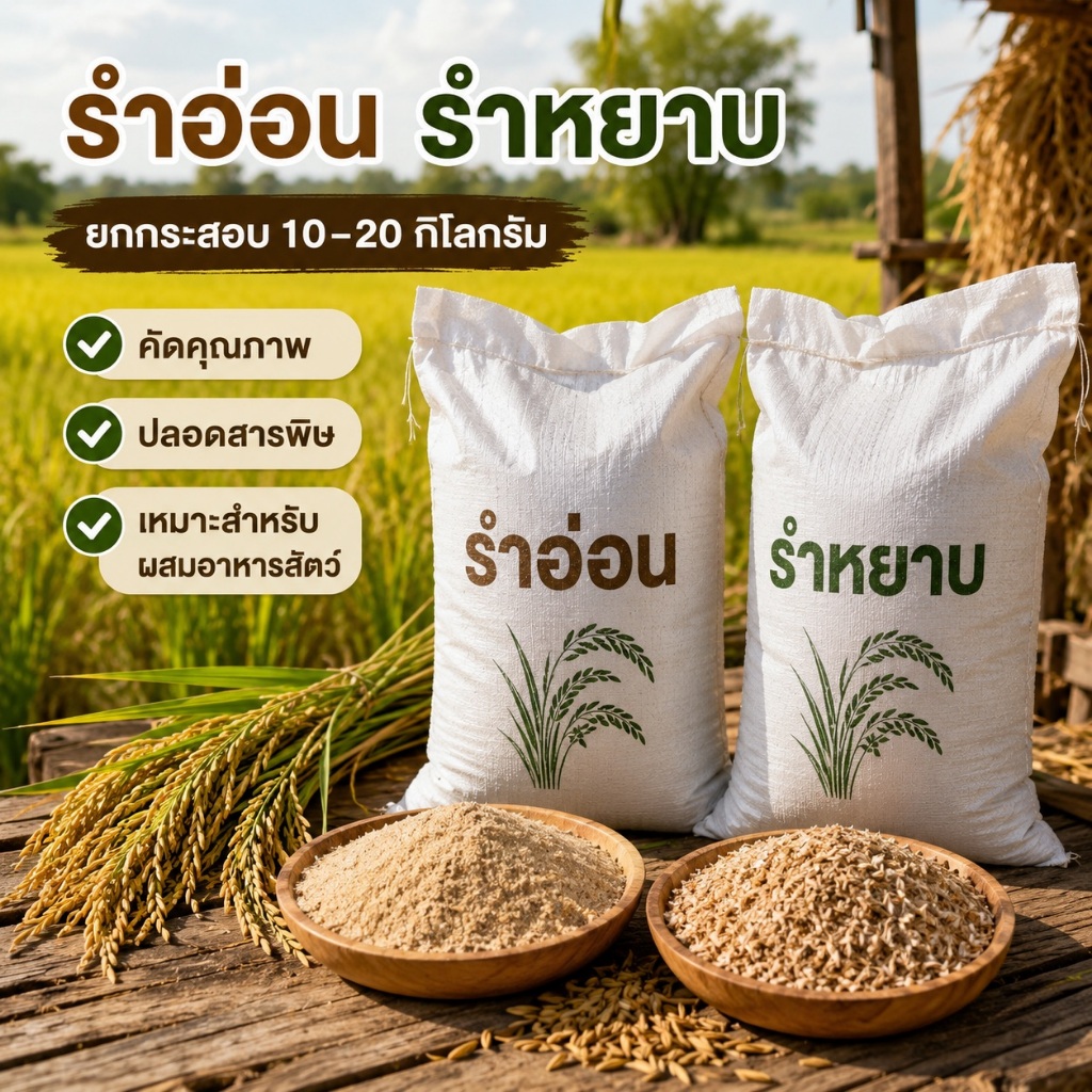 รำข้าว รำอ่อน รำหยาบ แบบยกกระสอบ 10-20 กก. ใช้ผสมอาหารสัตว์ เลี้ยงปลาได้