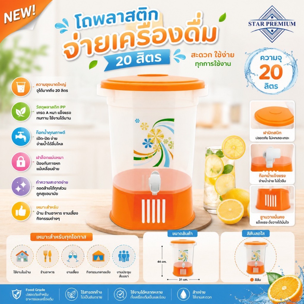 PB-627 โถพลาสติกจ่ายเครื่องดื่ม 20 ลิตร สีส้ม คูลเลอร์กลมมีก๊อก คูลเลอร์ใส กระติกน้ำพลาสติก รูปทรงทันสมัย ( พร้อมส่ง )