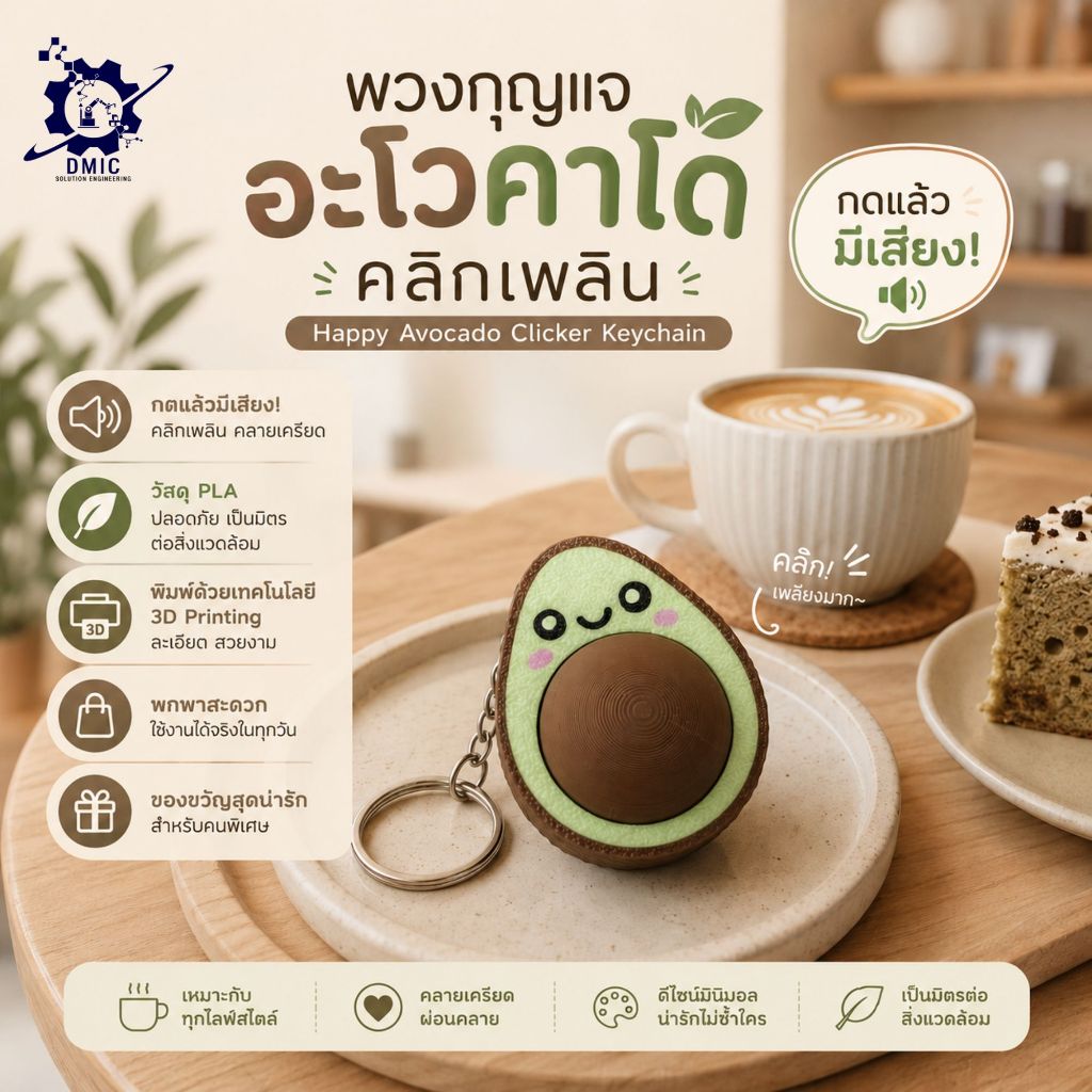 พวงกุญแจอะโวคาโดคลิกเพลิน (Happy Avocado Clicker Keychain) 3D Printing วัสดุ PLA