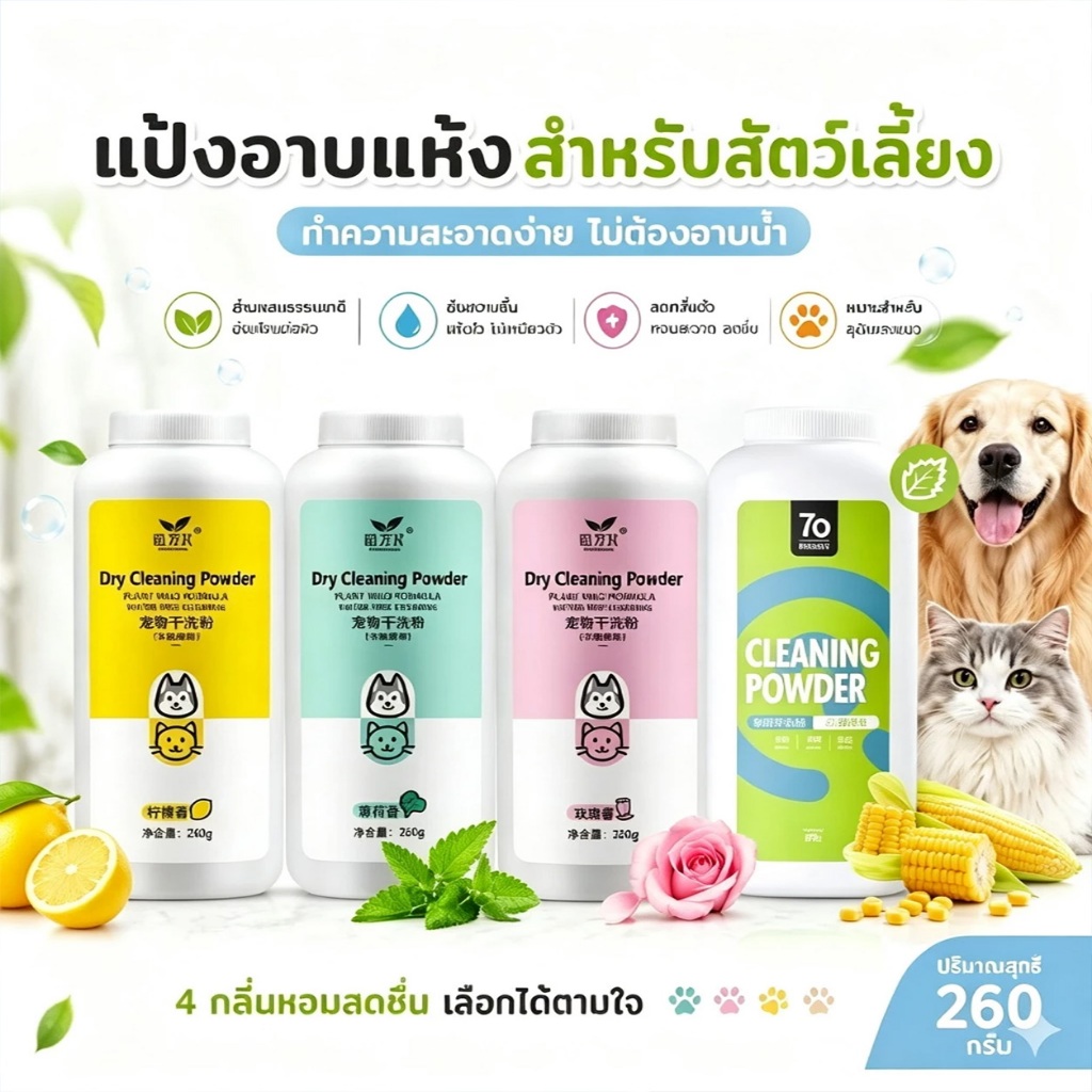 แป้งอาบน้ำแห้ง แป้งอาบน้ําแมว กําจัดเห็บหมัดสุนัข ดับกลิ่นตัวสัตว์เลี้ยง