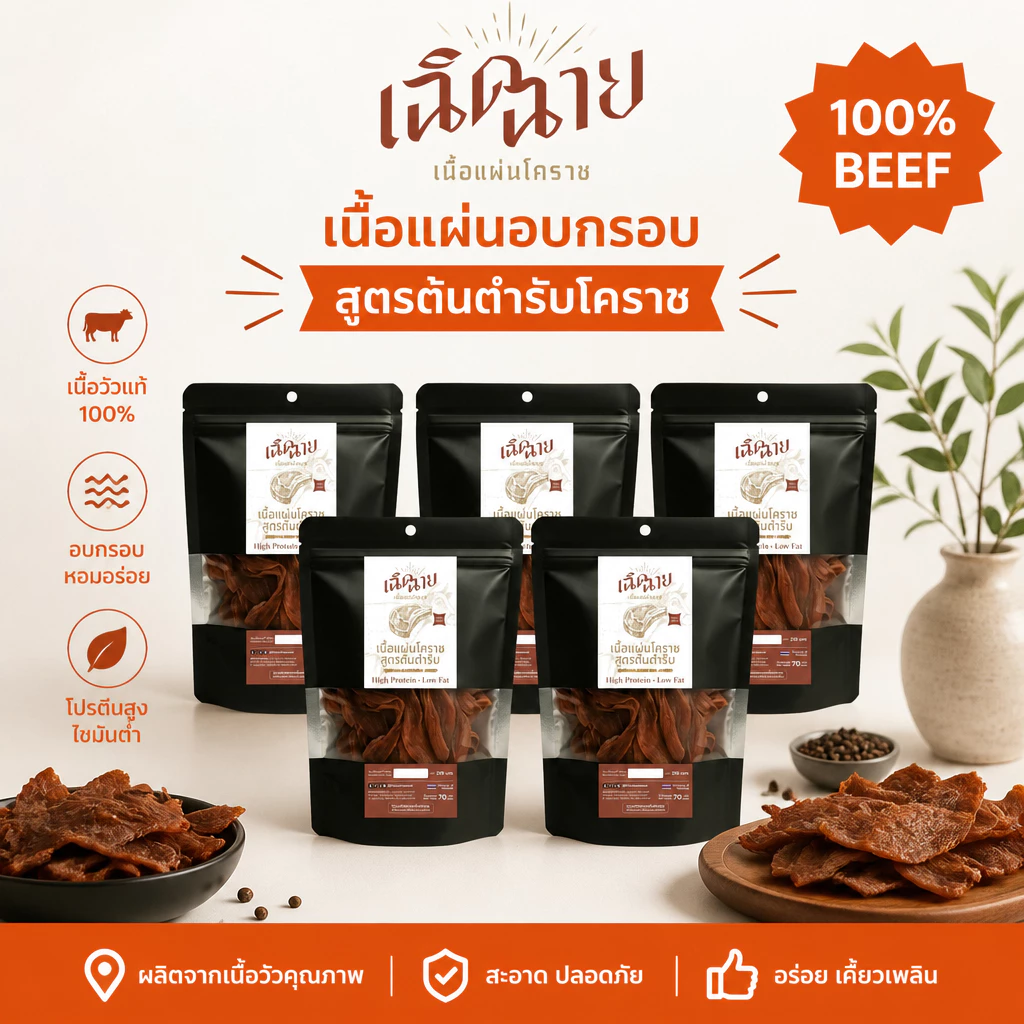 เนื้อแผ่นโคราชอบ 5 ชิ้น อบพร้อมทาน เนื้อแผ่นอบแห้ง ของกินเล่น เคี้ยวเพลิน โปรตีนสูง