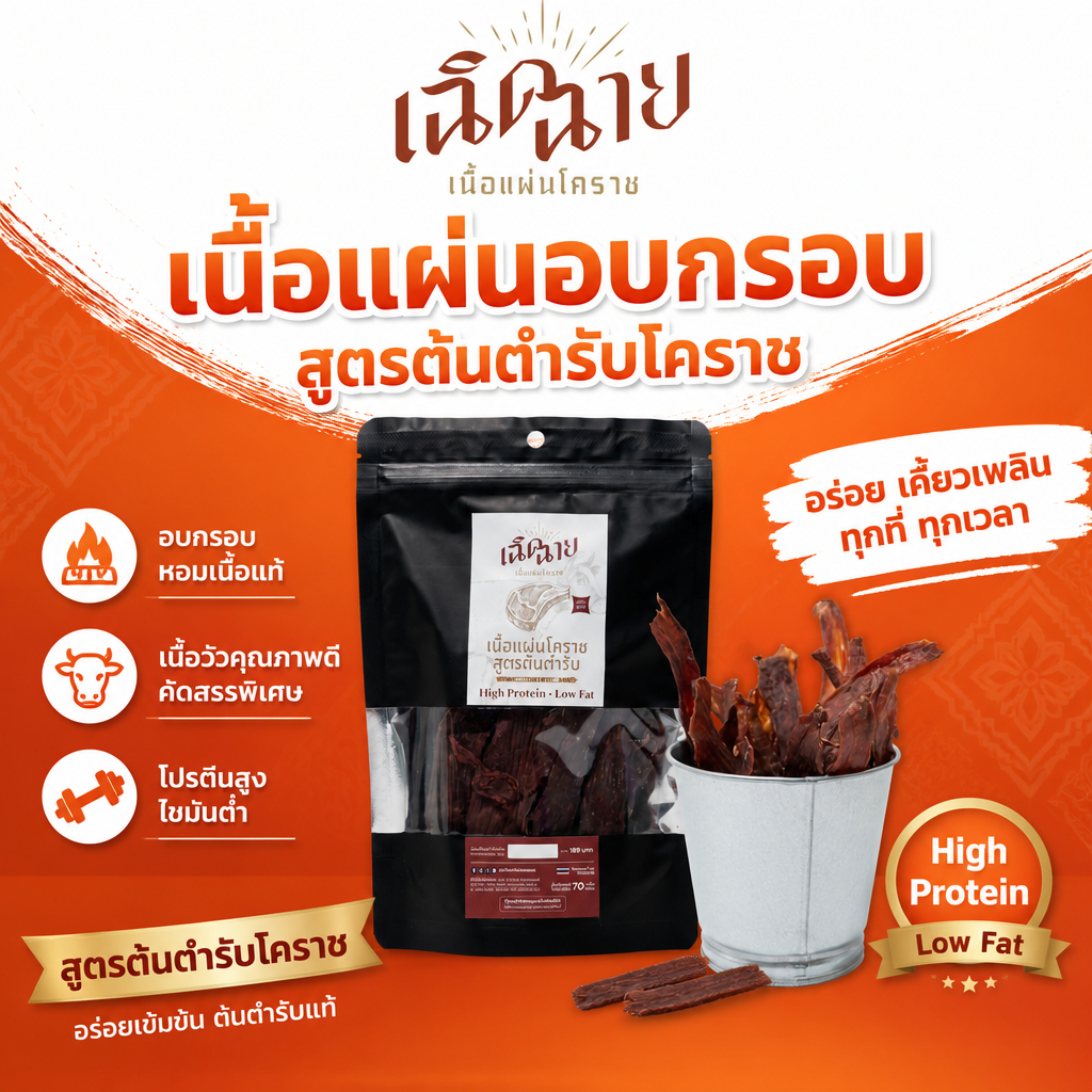 เนื้อแผ่นโคราชอบ 1 ชิ้น คัดสรรเนื้อคุณภาพ อบพร้อมทาน ของกินเล่น โปรตีนสูง พร้อมส่ง