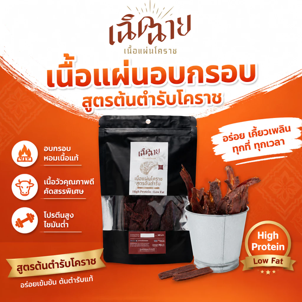 เนื้อแผ่นโคราชอบ 1 ชิ้น คัดสรรเนื้อคุณภาพ อบพร้อมทาน ของกินเล่น โปรตีนสูง พร้อมส่ง