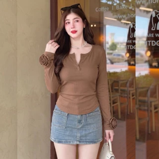 เสื้อแฟชั่น ผ้าร่องพรีเมี่ยม แขนยาวแต่งกุหลาบ กระดุมหน้า แฟชั่นน่ารักๆ ใส่เที่ยว ใส่แมท LG329