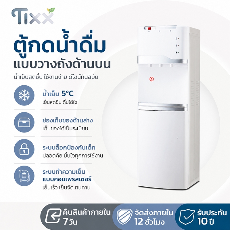 ตู้ทำน้ำร้อนน้ำเย็น คอมเพรสเซอร์ ระบบป้องกันน้ำแห้ง ประหยัดไฟ ล็อกป้องกันเด็ก TIXX Water Dispenser