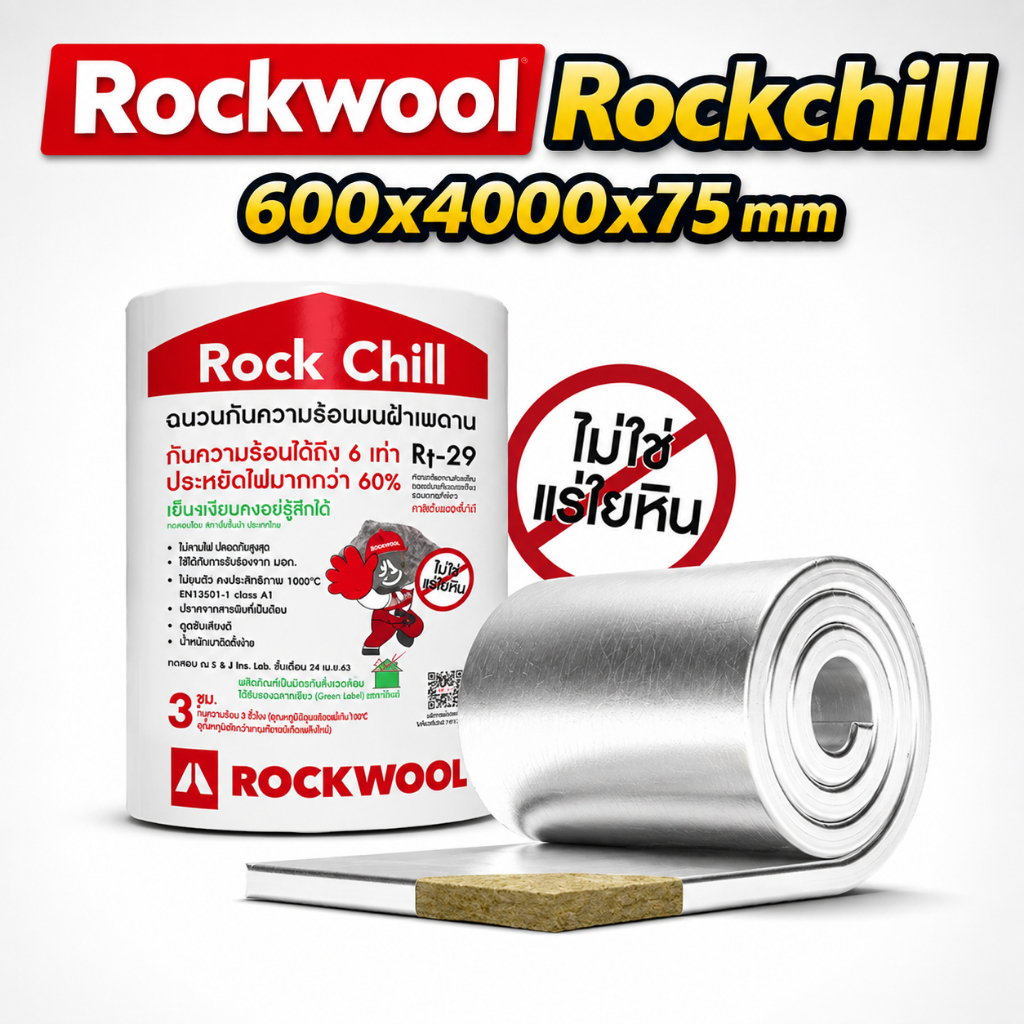 Rockwool Rockchill ฉนวนกันความร้อน หลังคา ฝ้าเพดาน ใยหิน 60x400 ซม. หนา 75 มม. กันร้อน กันเสียง ไม่ลามไฟ