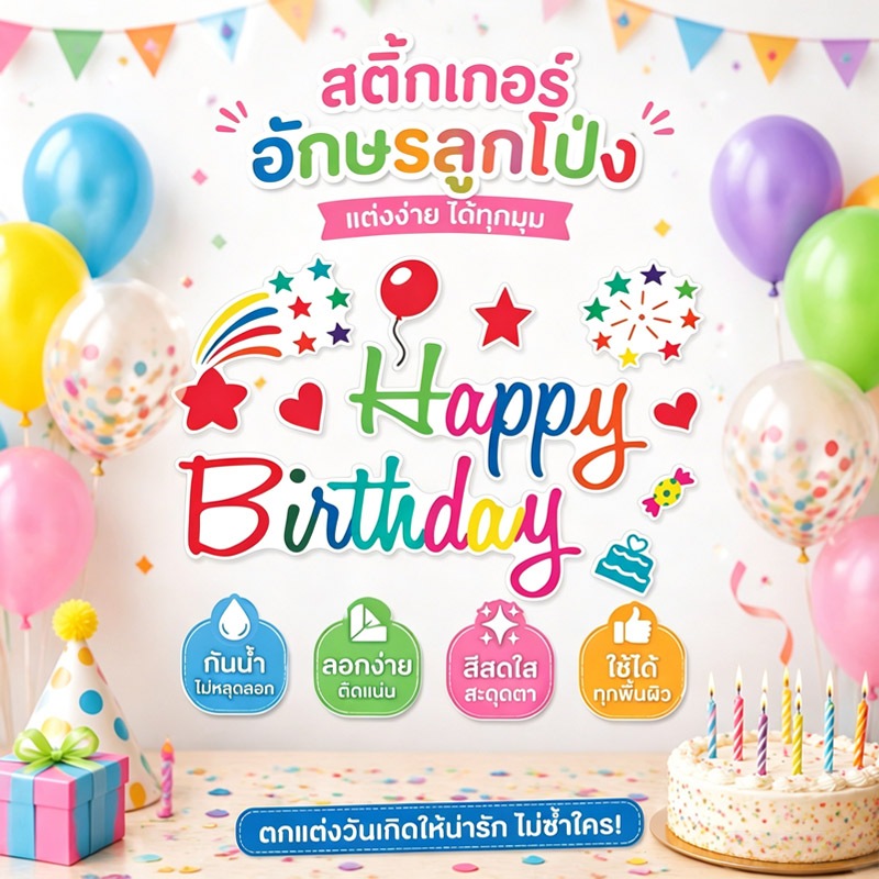 ส่งจากกรุงเทพ สติ๊กเกอร์ลูกโป่ง Happy Birthday สีสันสดใส กันน้ำ ติดตกแต่งผนังปาร์ตี้เด็ก