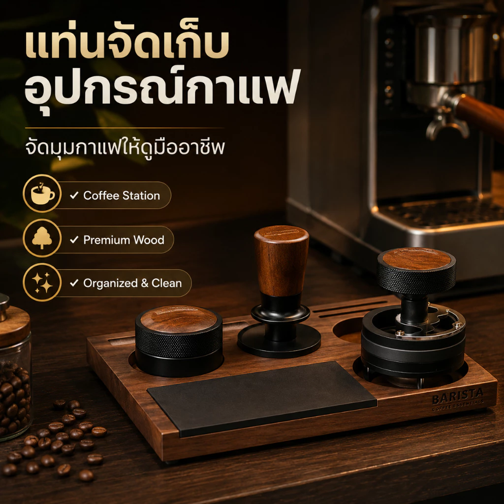 แท่นวางอุปกรณ์ชงกาแฟไม้ 4 ช่อง Espresso Tamping Station ที่วางแทมเปอร์ ตัวเกลี่ยกาแฟ พอร์ตาฟิลเตอร์ พร้อมแผ่นรองแทมป์