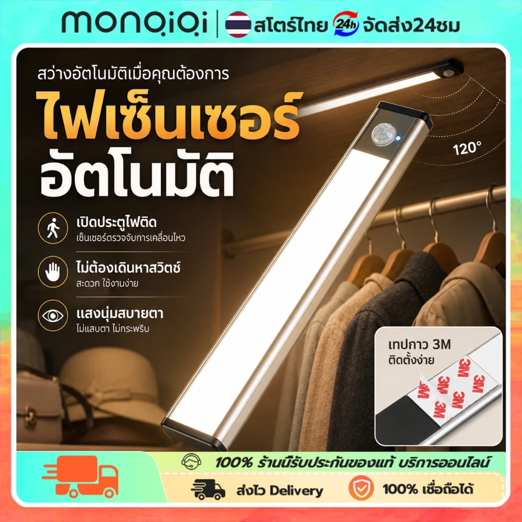 ไฟเซ็นเซอร์ ไฟตู้ ไฟใต้ชั้น 20/40/60ซม. 3สี USB ชาร์จ ตู้เสื้อผ้า ครัว ทางเดิน แม่บ้าน คอนโด หอพัก