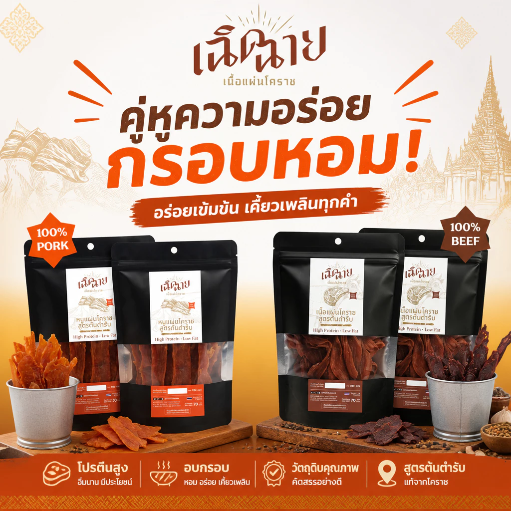 Combo set หมูและเนื้อแผ่นโคราช อบพร้อมทาน ของกินเล่น โปรตีนสูง ของฝาก พร้อมส่ง thumbnail 5