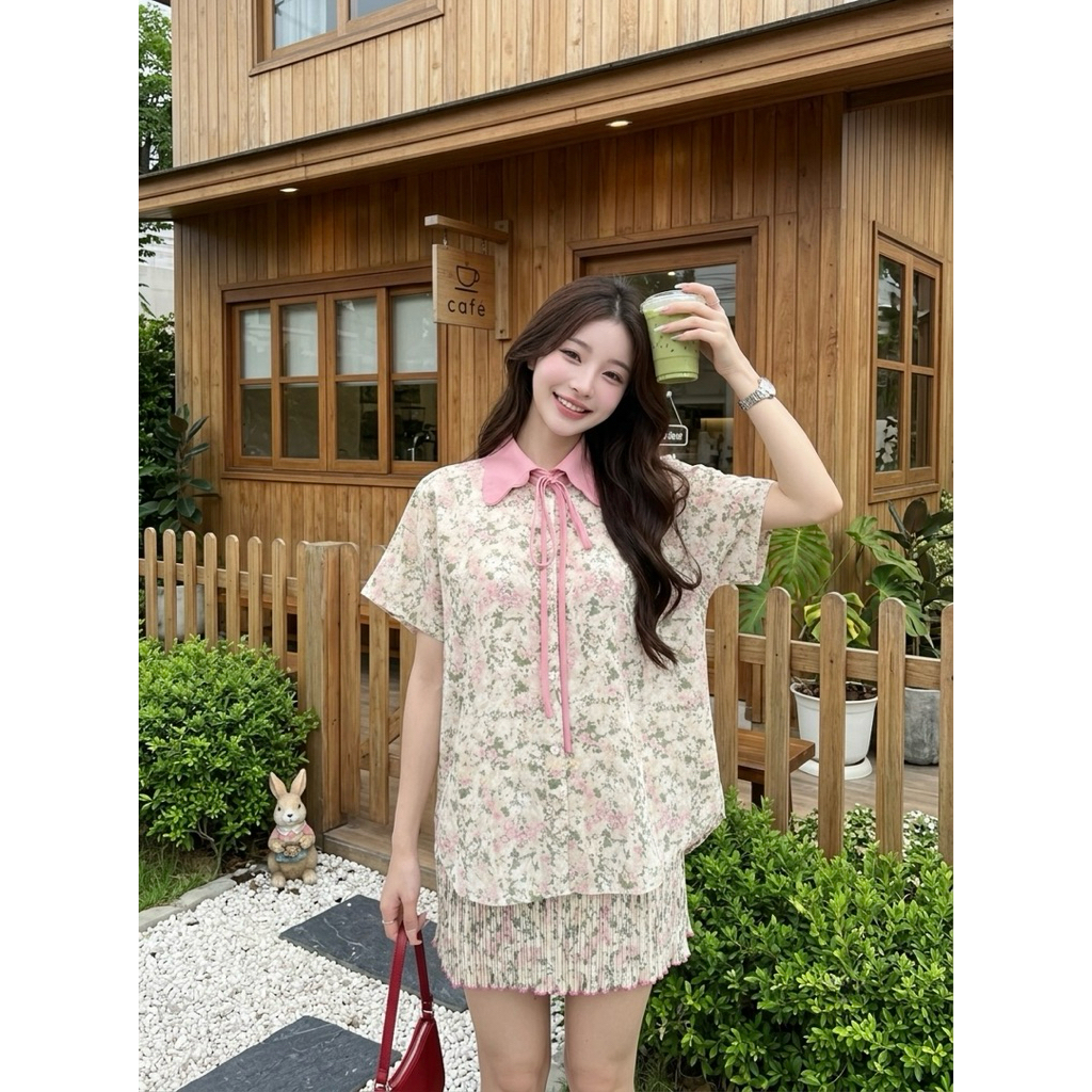 ชุดเช็ตอัดพลีท 2 ชิ้น รุ่น  Pastel Floral (เสื้อ+กป+โบว์)