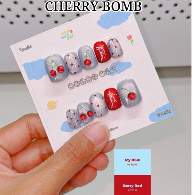 [แจ้งไซซ์ทันที] เล็บปลอม เล็บเจล ลายเชอร์รี่xลายจุด