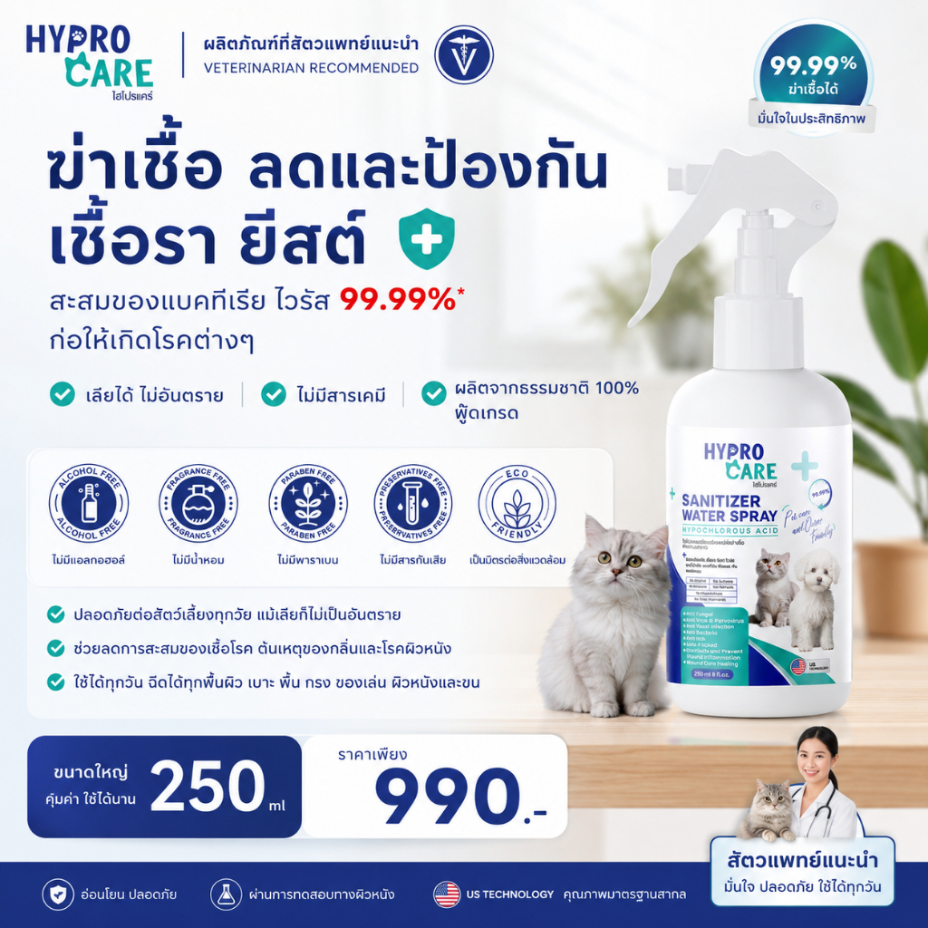 สเปรย์ทำความสะอาดสัตว์เลี้ยงไฮโปรแคร์ 250ml. ลดและป้องกันเชื้อราเชื้อโรค พ่นแผลได้ แผลสดแห้งไว