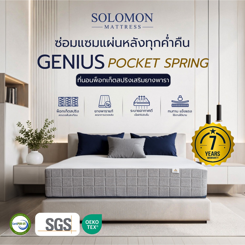 Solomon ที่นอน Pocket Spring รุ่น Genius หนา 11 นิ้ว เสริมยางพารา 7 Zone นุ่มแน่นระดับโรงแรมหรู