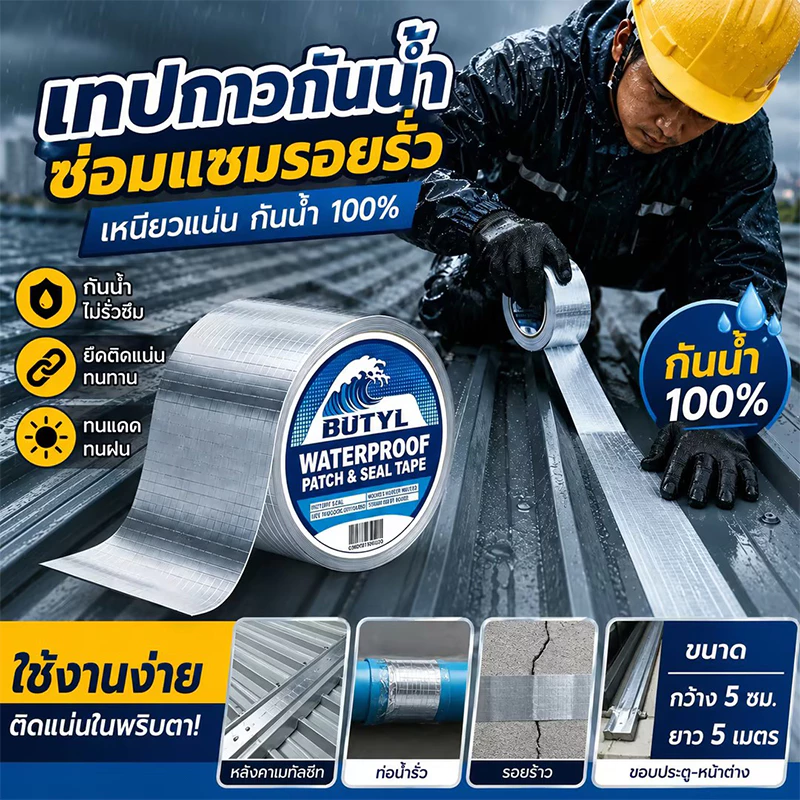 เทปบิวทิล กันน้ำรั่วซึม กันชื้น ซีลรอยรั่ว ติดทนนาน