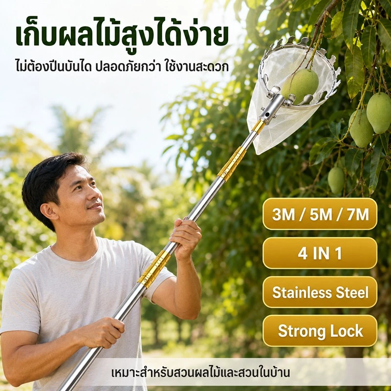 YAKO ตะกร้อสอยผลไม้ ด้ามยืดหดได้ 3-7M สแตนเลส เก็บผลไม้สูง อุปกรณ์สวน
