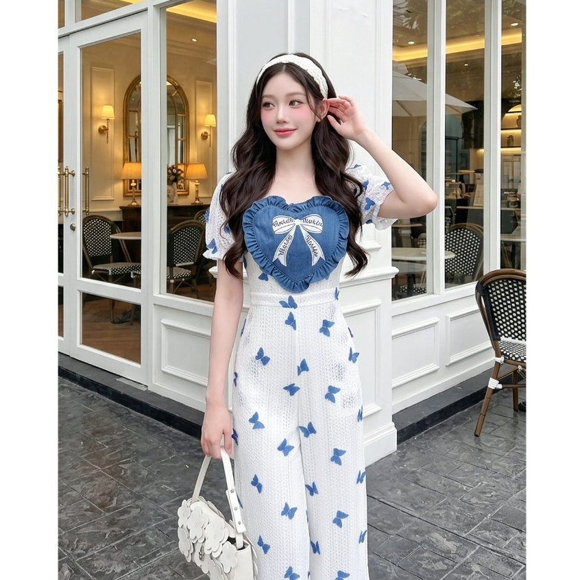 (มี3XL) สีขาว Gumbie Jumpsuit จั๊มสูทขายาวผ้าลูกไม้ pop up 3D ผีเสื้อ ปกตัดต่อหัวใจยีนส์ปักโบว์ ซิปหลัง มีซับใน