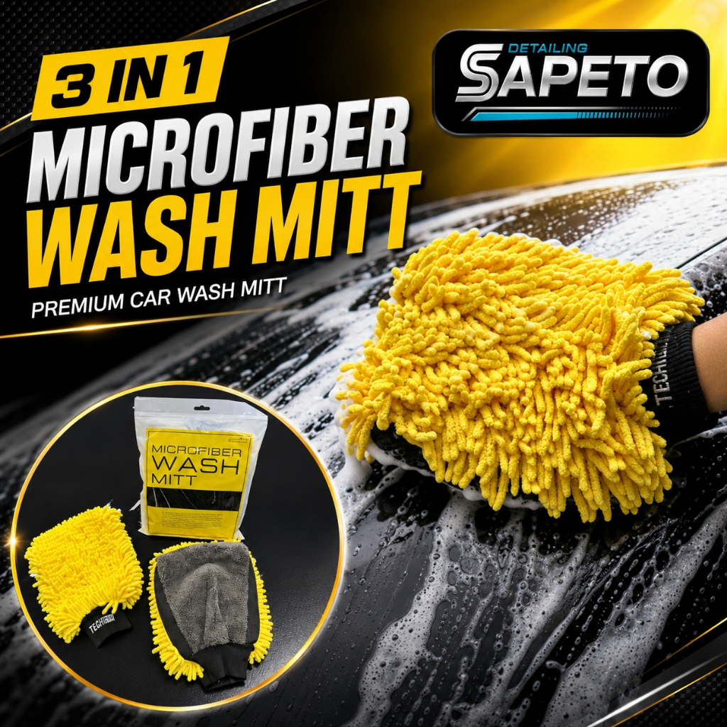 ถุงมือล้างรถ 3 IN 1 ซับในกันน้ำ เกรด Hi-end Microfiber Wash Mitt เหลือง