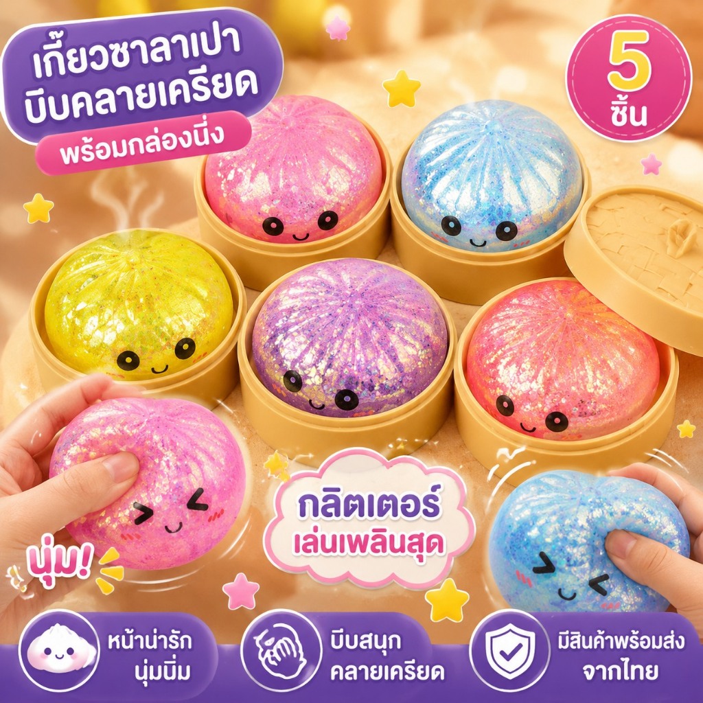 (มีสต็อกในไทย) 4PCS Glitter เกี๊ยวความเครียดบรรเทาของเล่นน่ารักนึ่ง Bun Squishy ของเล่นพร้อมกล่อง Steamer Fidget