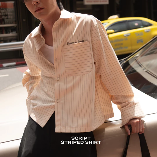 Common Until - Script Striped Shirt - Ecru / Blue - Pinstripe shirt เสื้อเชิ๊ตแขนยาว ลายทาง ทรง Boxy Crop