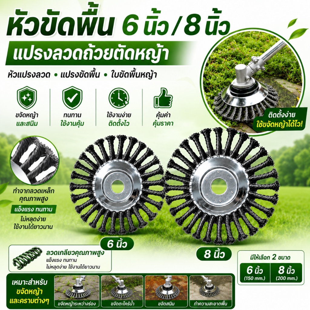 หัวขัดพื้น แปรงลวดถ้วยตัดหญ้า 6 นิ้ว 8 นิ้ว Steel Wire Weed Brush ขัดหญ้า สนิม คราบฝังแน่น
