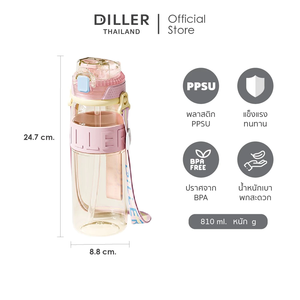 [New Arrival] Diller Thailand กระติกน้ำ PPSU 810ml ฝาปิดแบบยกดื่มและหูหิ้ว ปราศจาก BPA และ Phthalates (MLH2607) thumbnail 3