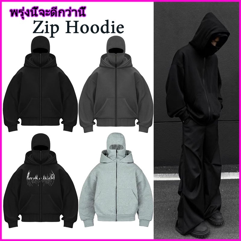 BLACK Zip Hoodie with 2 Balaclava Face Covers, Unisex Hoodie in Non-Ruffled JACKET ต่างประเทศขนแกะ