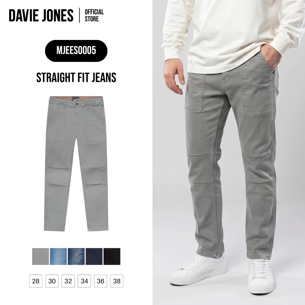 DAVIE JONES [BE FEARLESS] กางเกงยีนส์ผู้ชาย Straight Fit Jeans สีเทา น้ำเงิน กรม กรมเข้ม ดำ ES0005