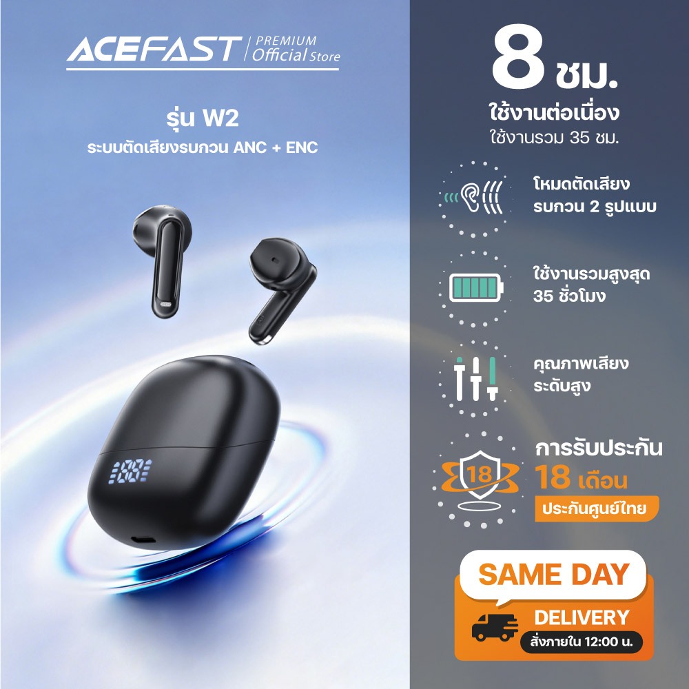 Acefast W2 หูฟังบลูทูธ หูฟังไร้สาย ANC กันน้ำ IPX4 ตัดเสียงรบกวน -35dB บลูทูธ 5.4 หน้าจอ LED