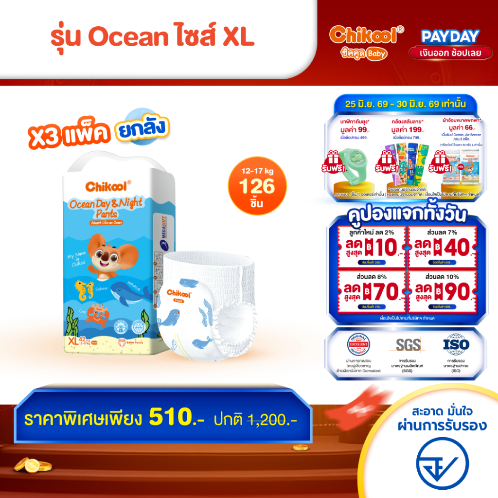 [ขายยกลัง x3 แพ็ค] Chikool Ocean Day&Night Pants ชิคคูล กางเกงผ้าอ้อมเด็ก โอเชียน เดย์&ไนท์ ไซส์ XL