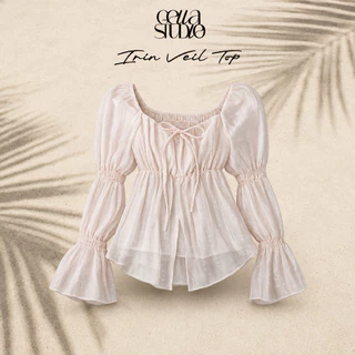 Irin Veil Top-เสื้อแขนยาวทรงyaya คอเหลี่ยมแต่งโบว์ผ้าโรซี่ซับอกผ้าสองชั้น