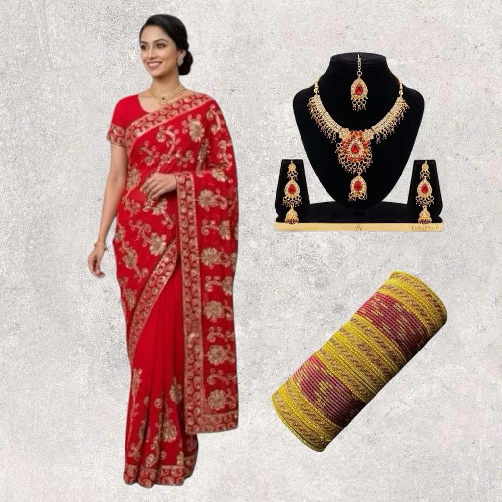 Elegant saree featuring rich golden embroidery, paired with a matching traditional jewelry set and bangles for festival