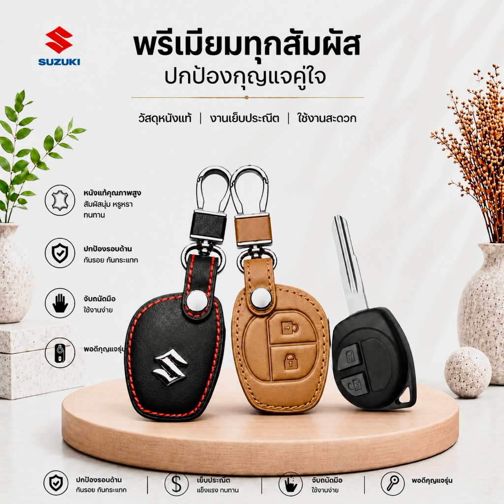 ซองหนังแท้ ใส่กุญแจรีโมทรถยนต์ รุ่นดอกกุญแจโลโก้เหล็ก Suzuki Swift,Ciaz,Ertiga,Celerio