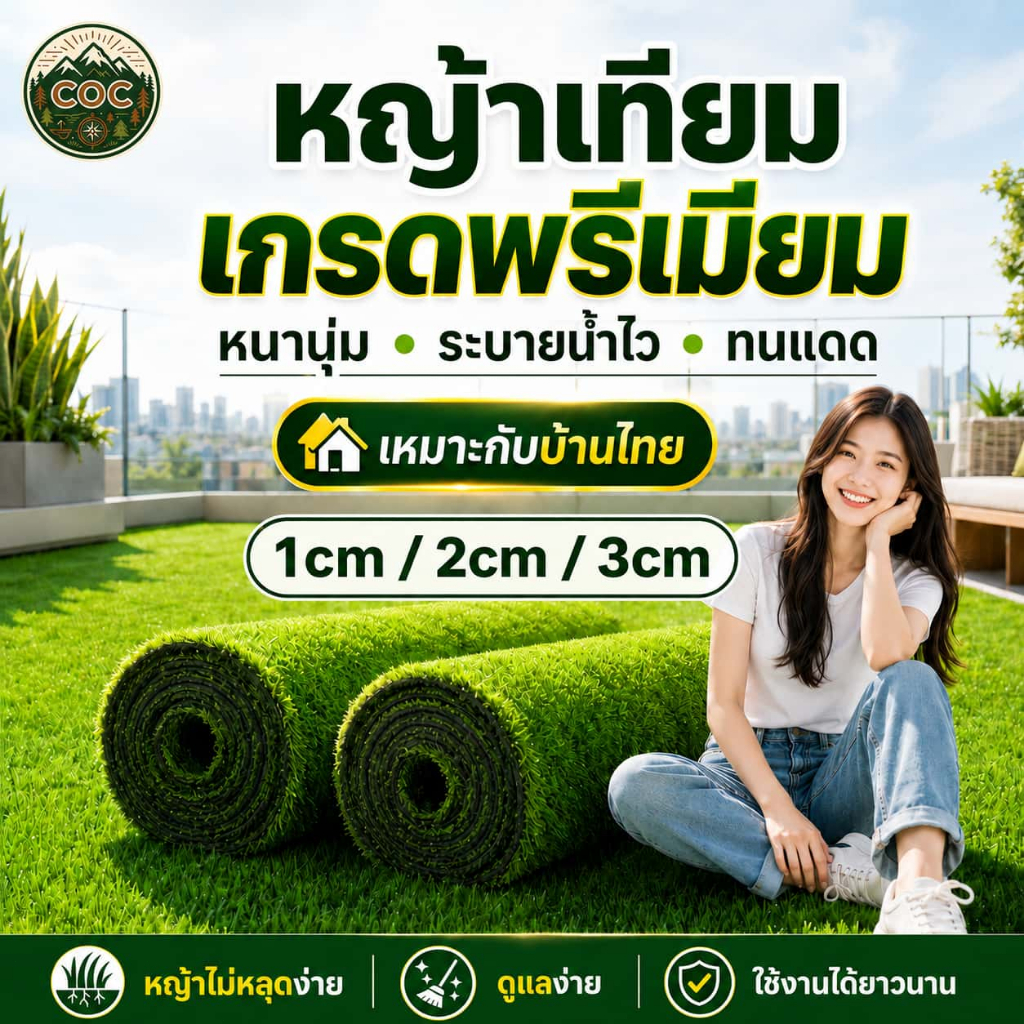 CoC หญ้าเทียม1-3CM ทนไฟไม่หดตัว ระบายน้ำง่าย สีไม่ซีด สีเหมือนจริง ของตกแต่งบ้าน หญ้าเทียมปูพื้น