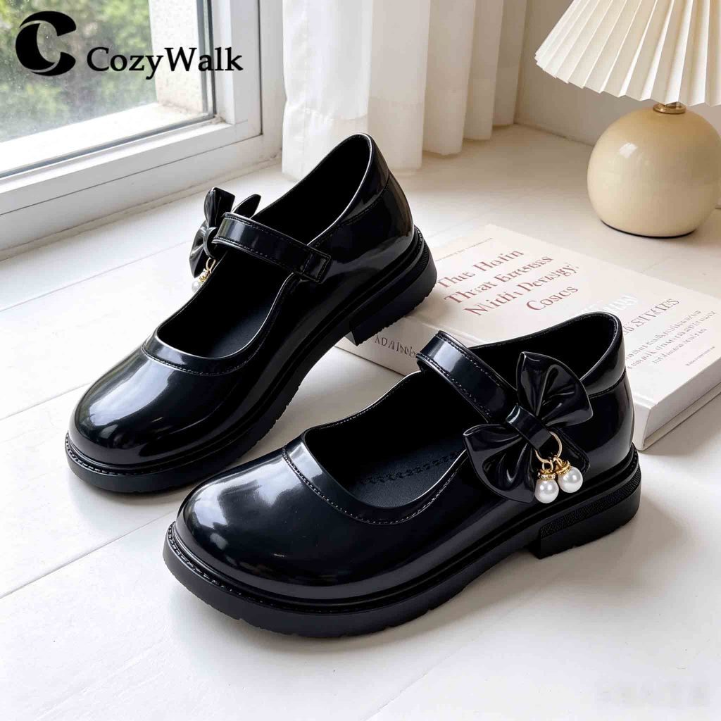 พร้อมส่ง CozyWalk รองเท้านักเรียนเด็กผู้หญิง สีดำ แต่งโบว์ พื้นนุ่ม รองเท้าออกงาน ไซซ์30-35