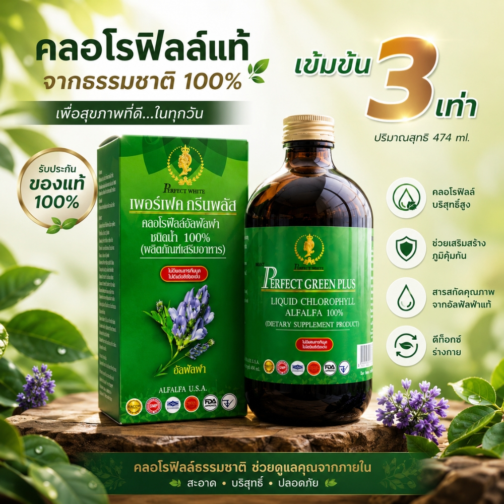 ผลิตภัณฑ์เสริมอาหาร คลอโรฟิลล์ชนิดน้ำจากอัลฟัลฟา (Liquid Chlorophyll Alfalfa 100%)