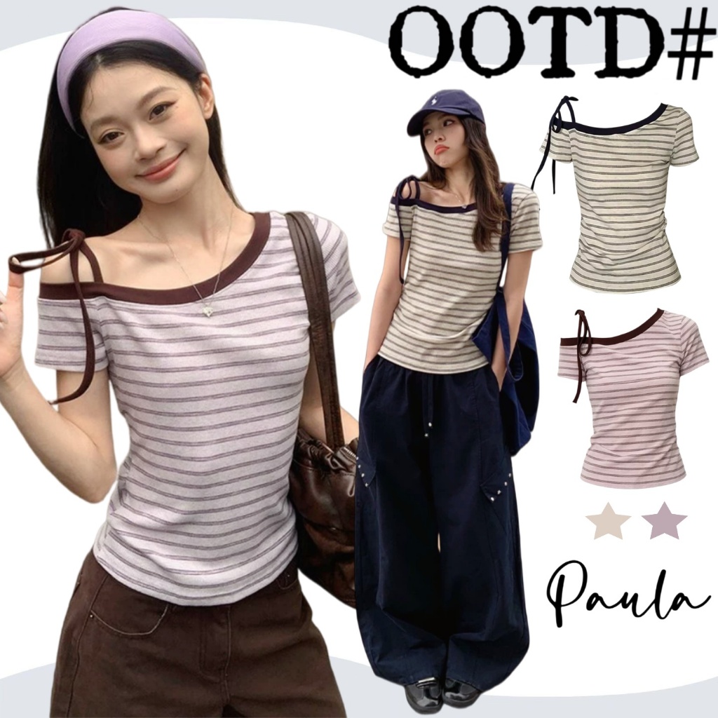 Paula พร้อมส่ง🌴เสื้อแขนสั้นลายริ้ว🌴คอเบี่ยงข้างเดียว มีริบบิ้นผูกสายสะพาย สไตล์สาวหวานเกาหลี แมตช์กางเกงใส่ประจำวัน
