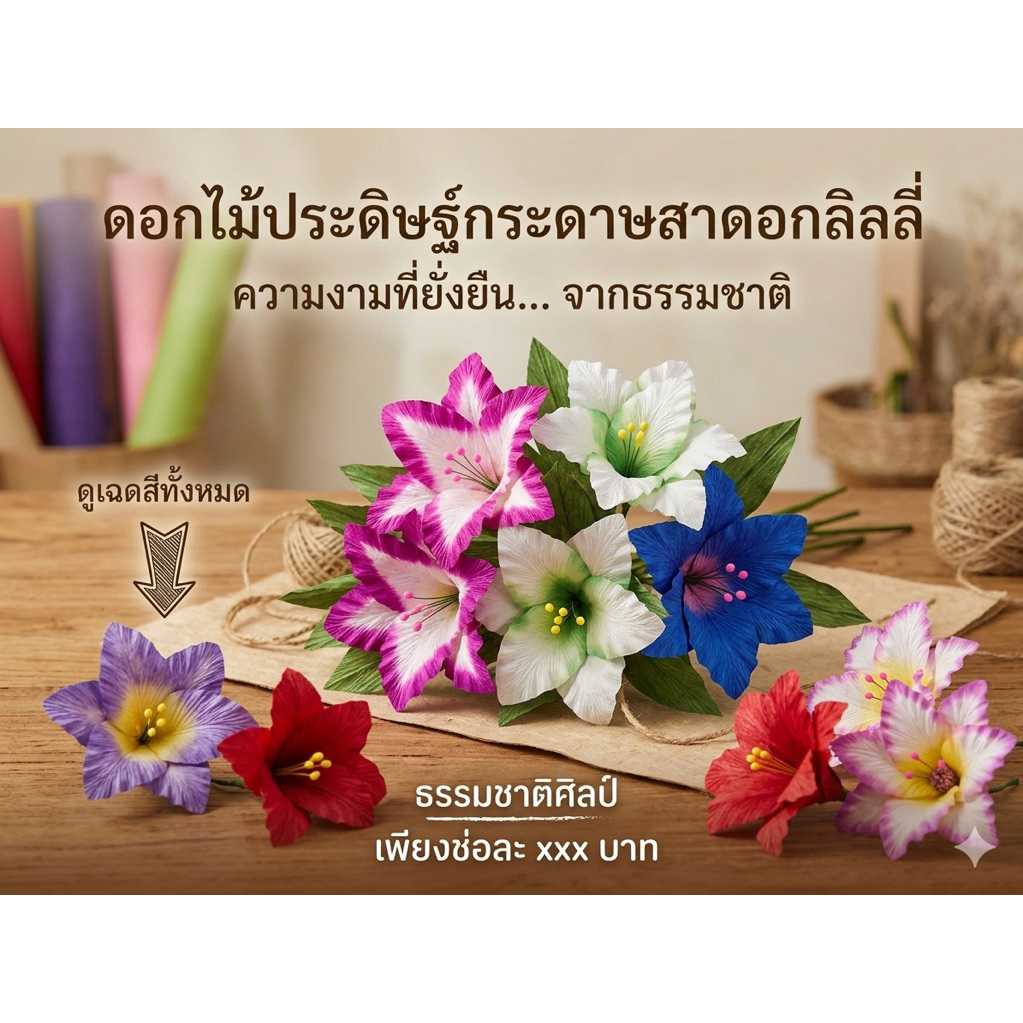ดอกไม้ประดิษฐ์กระดาษสาดอกลิลลี่ถุงละ50ดอก