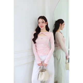 NO.635 Mimi Top เสื้อยืดแขนยาวผ้าลายดีไซน์คอทวิส