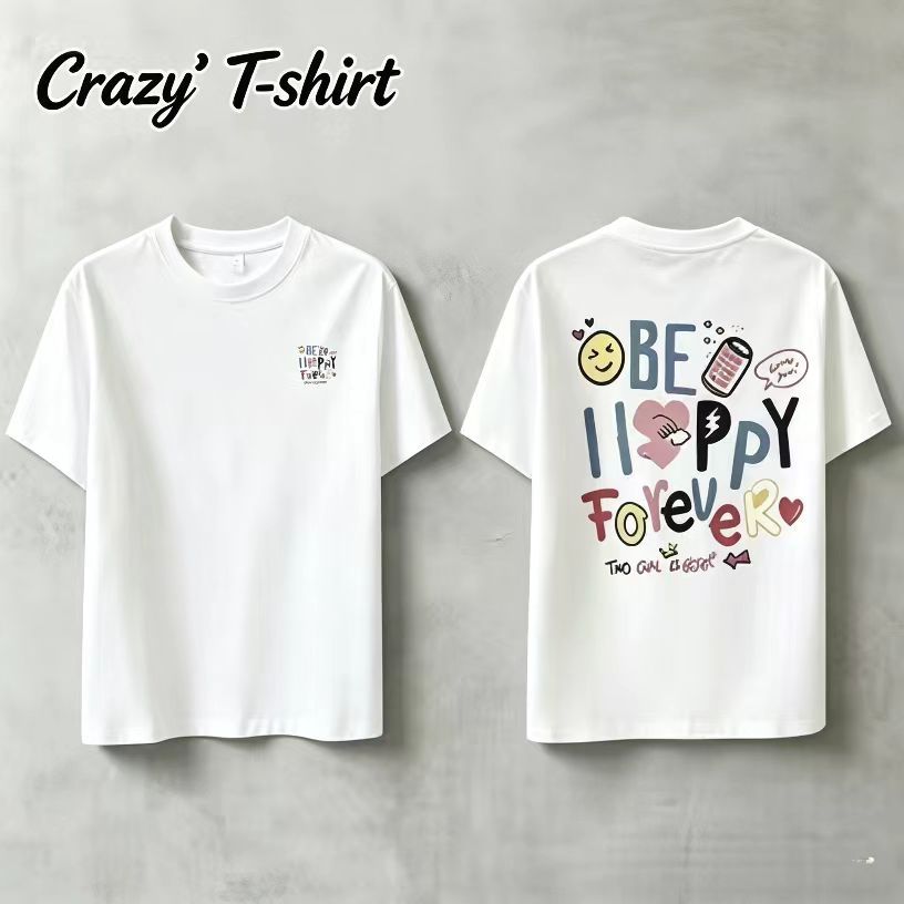 Crazy` T-shirt เสื้อยืดแขนสั้นสีขาวคอตตอนแท้สไตล์อเมริกันสำหรับผู้หญิง หลวมๆ ย้อนยุค อเนกประสงค์ เทรนด์ใหม่
