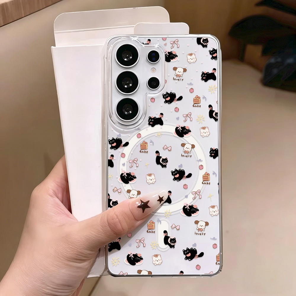 เหมาะสำหรับ Samsung A56 A55 A06 A26 A54 A16 A36 A15 5G 4G S25 Ultra เคสโทรศัพท์มือถืออะคริลิกใสแม่เหล็กลายการ์ตูน