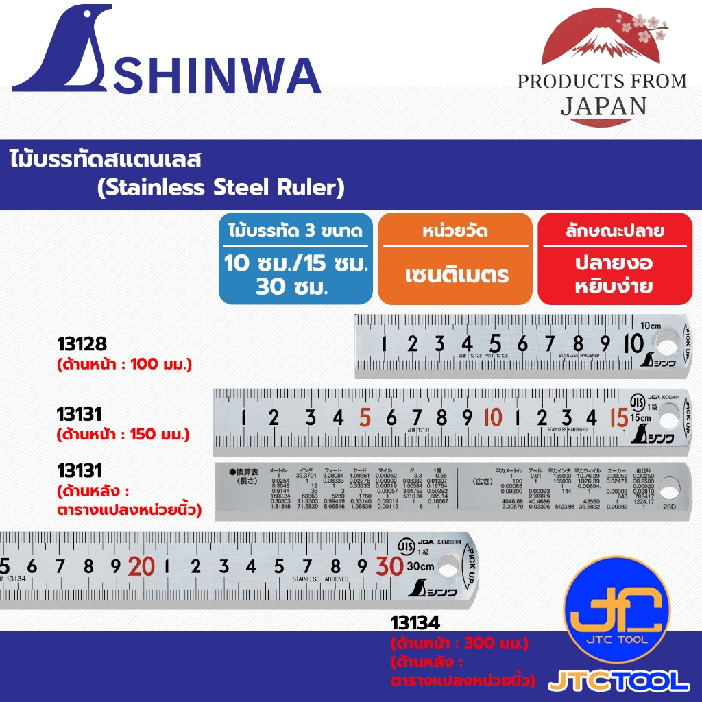 Shinwa ไม้บรรทัดสแตนเลสแบบปลายงอ - Stainless Steel Pick up Rule JIS Standard