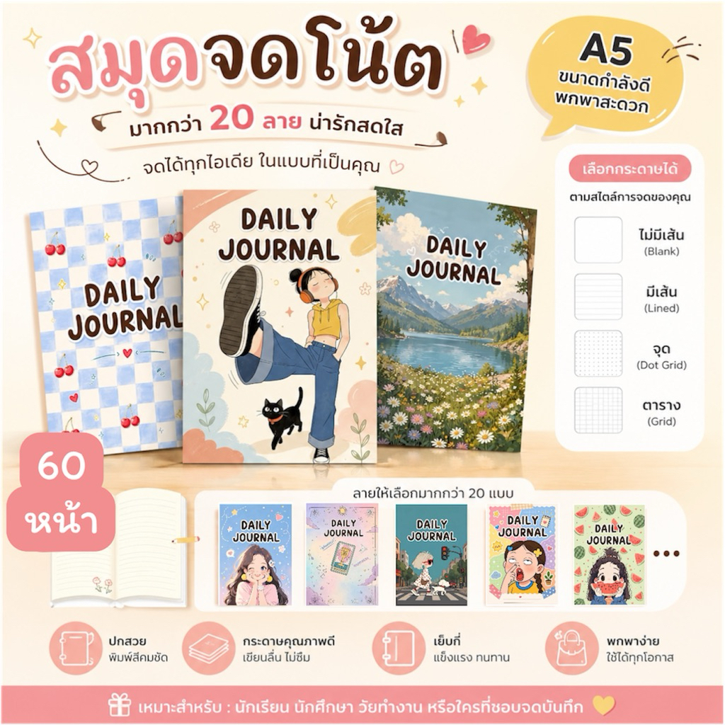 60หน้า สมุดโน้ต A5 กระดาษาขาว | Daily Journal (ไม่มีเส้น/ตาราง/จุด/เส้นบรรทัด) สมุดบันทึก PP