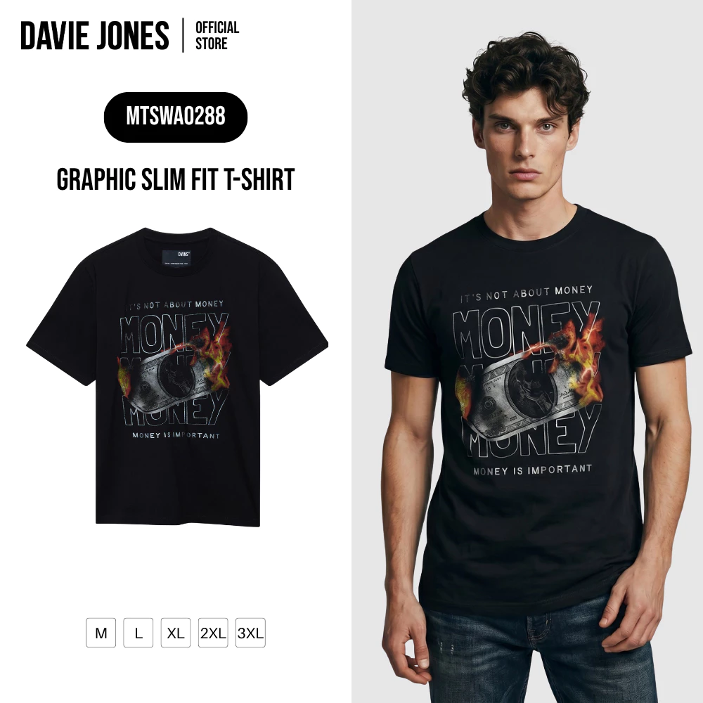 DAVIE JONES เสื้อยืด พิมพ์ลาย Graphic Slim Fit T-Shirt WA0288 สีดำ