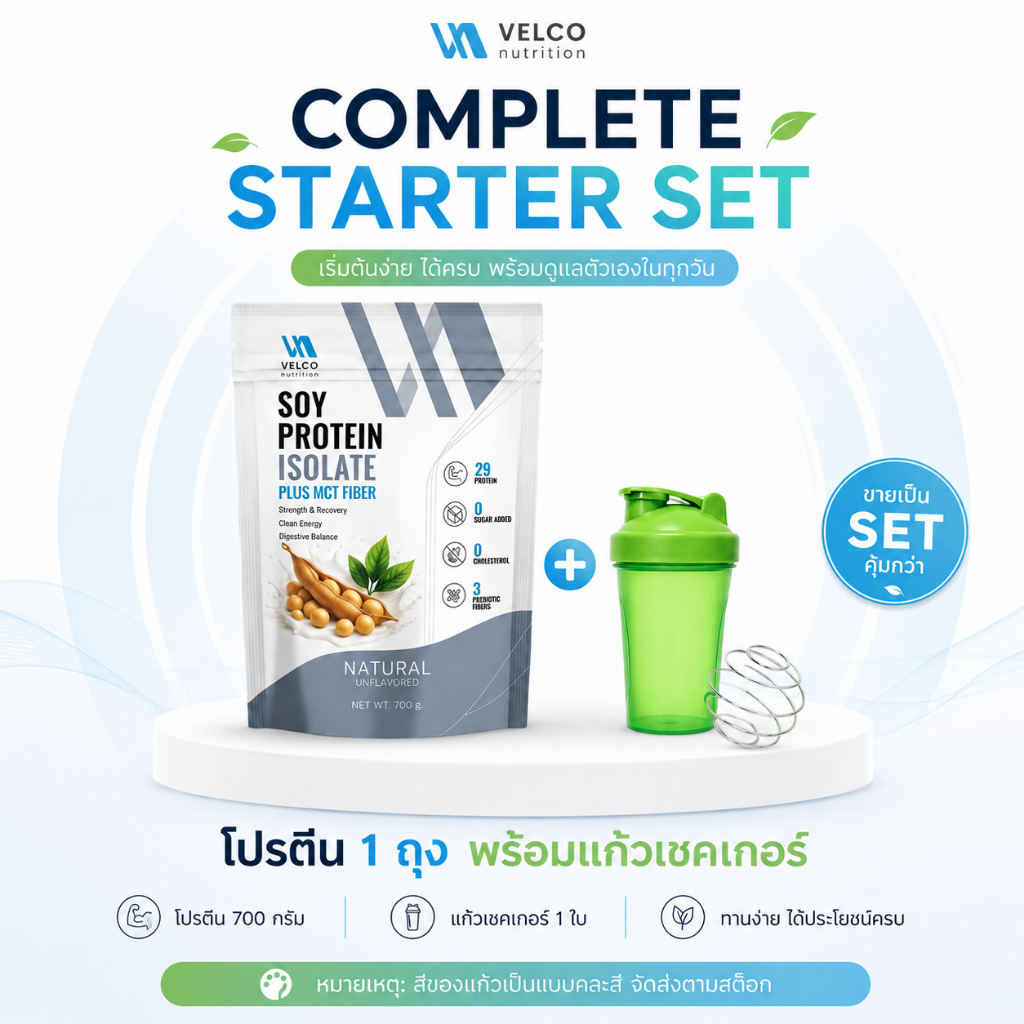 (1ถุง+แก้วคละสี) Velco nutrition Soy protein isolate plus mct fiber โปรตีนถั่วเหลือง จืด เพิ่มพรีไบโอติก ไฟเบอร์
