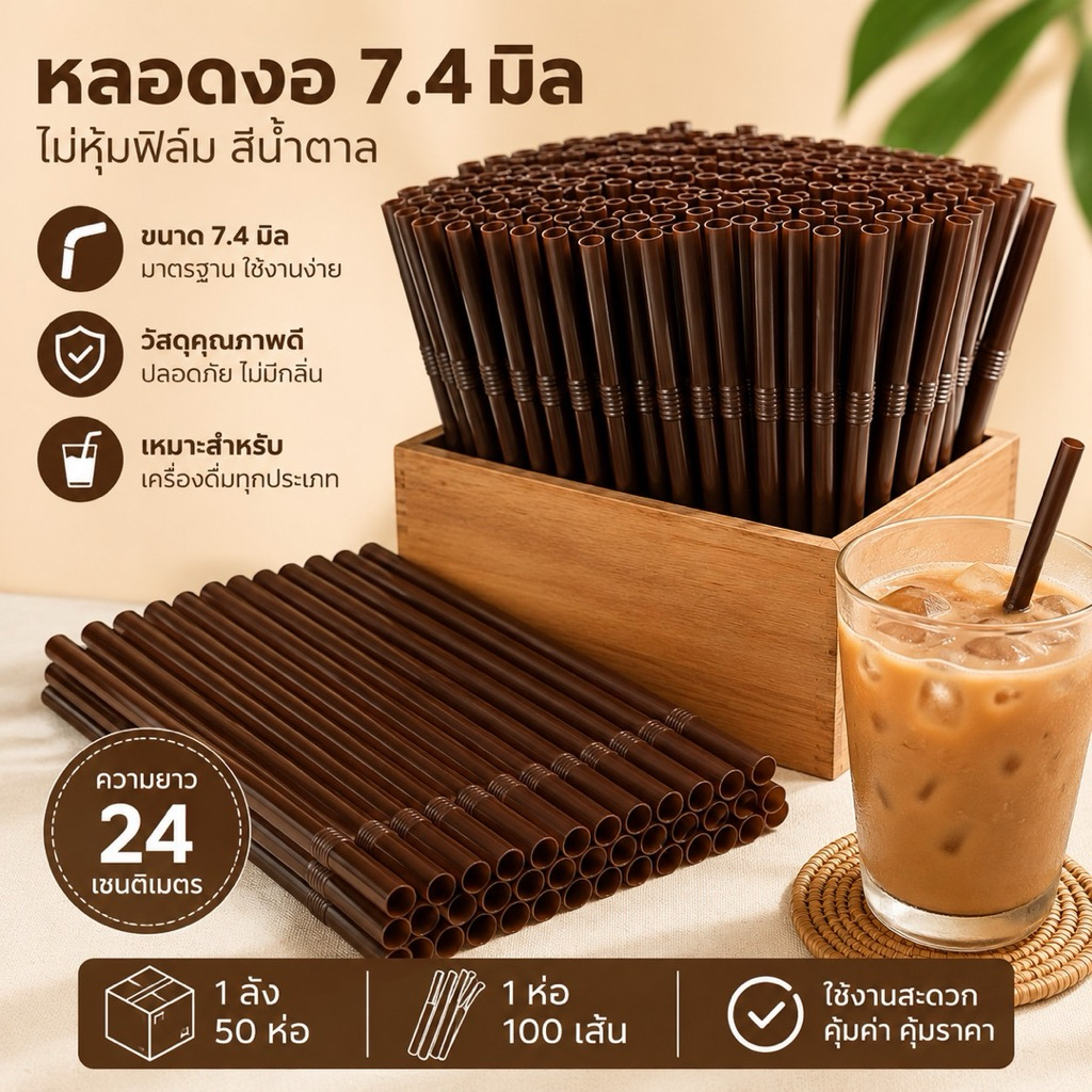 หลอดงอ 7.4 มิล ไม่หุ้มฟิมล์ สีน้ำตาล ยกลัง 5000เส้น (50ห่อ) ยาว 24 เซ็น