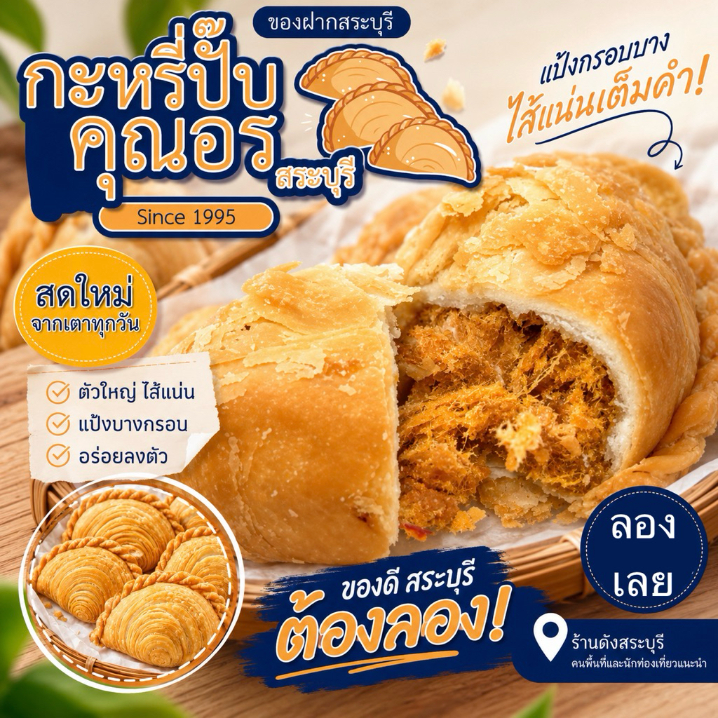 กะหรี่ปั๊บคุณอร สระบุรี (คละไส้ได้ 10 ชิ้น/กล่อง)ต้นตำรับความอร่อยคู่เมืองสระบุรี มากกว่า 30 ปี หอม กรอบ